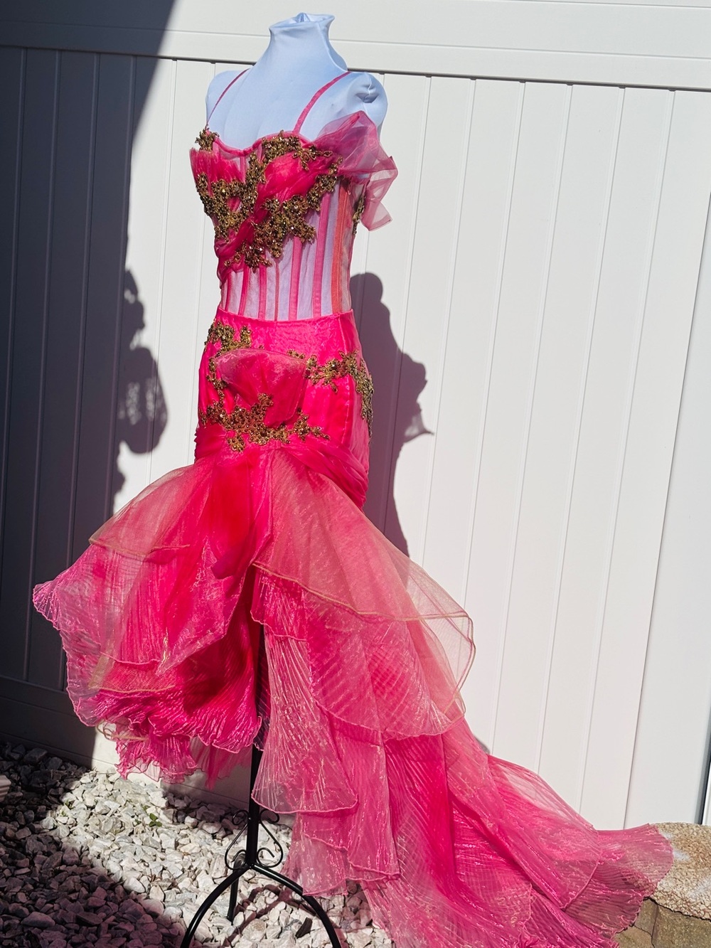 Sherry Hill Y2K Pink Corset Mermaid Prom Dress Gold Beaded Size 4 - Picture 3 of 9